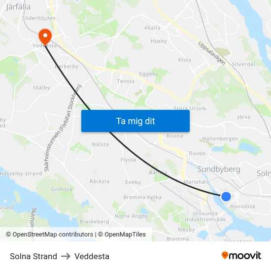 Solna Strand to Veddesta map
