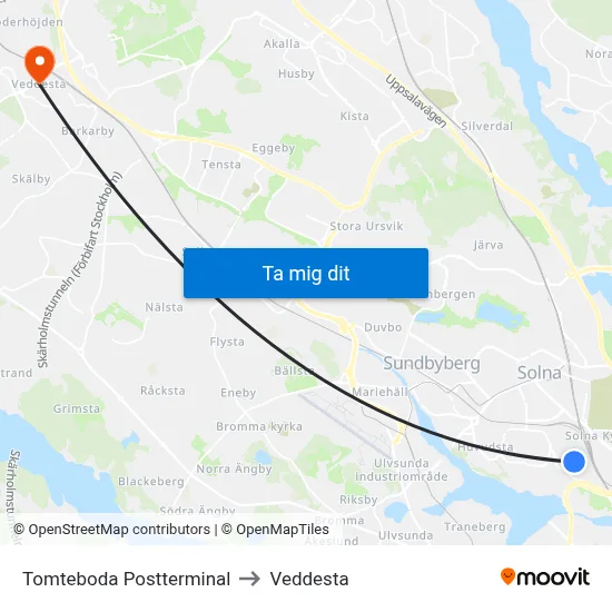 Tomteboda Postterminal to Veddesta map