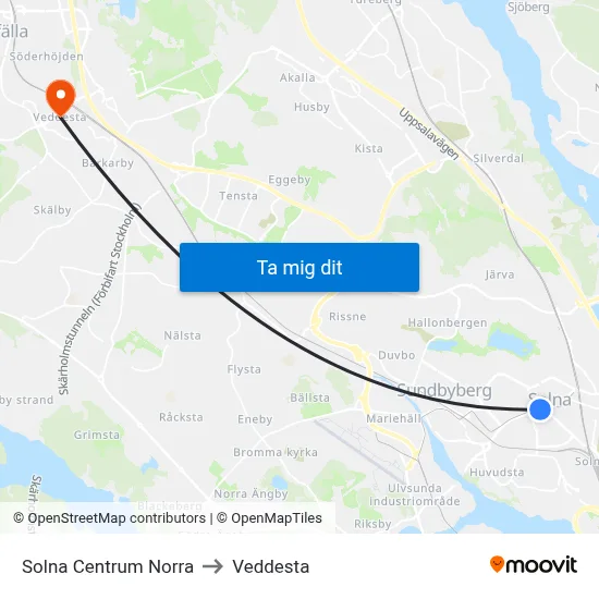 Solna Centrum Norra to Veddesta map