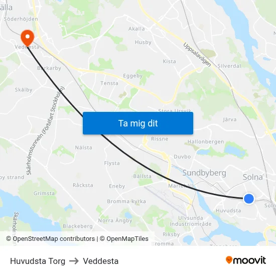 Huvudsta Torg to Veddesta map