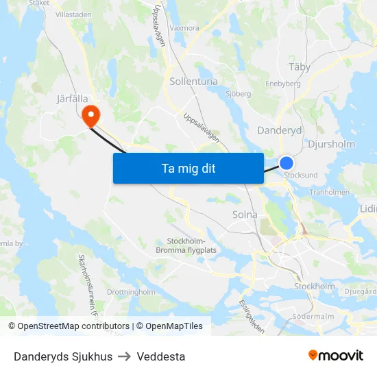 Danderyds Sjukhus to Veddesta map