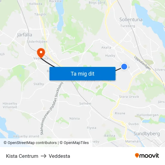 Kista Centrum to Veddesta map