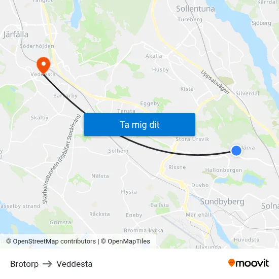 Brotorp to Veddesta map