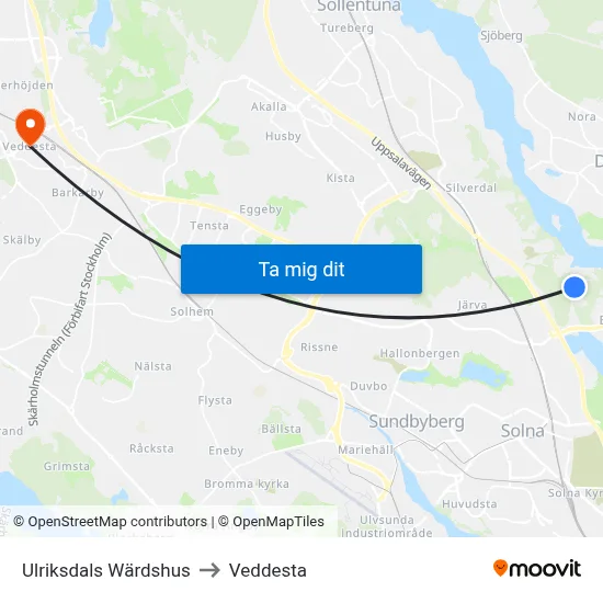 Ulriksdals Wärdshus to Veddesta map