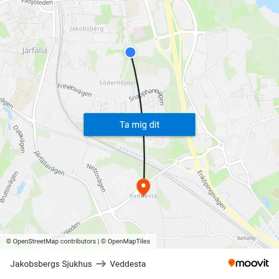 Jakobsbergs Sjukhus to Veddesta map