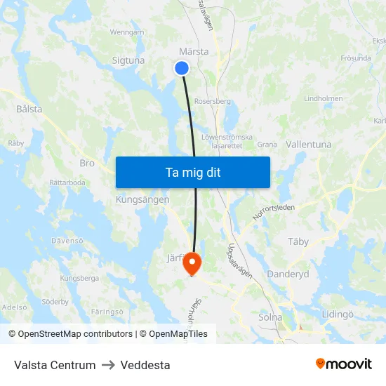 Valsta Centrum to Veddesta map