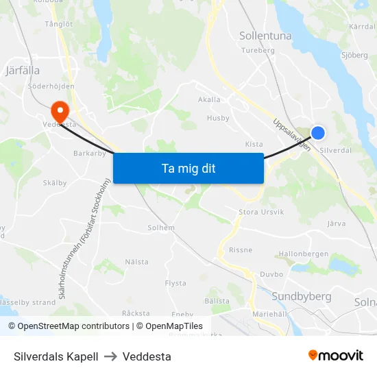 Silverdals Kapell to Veddesta map
