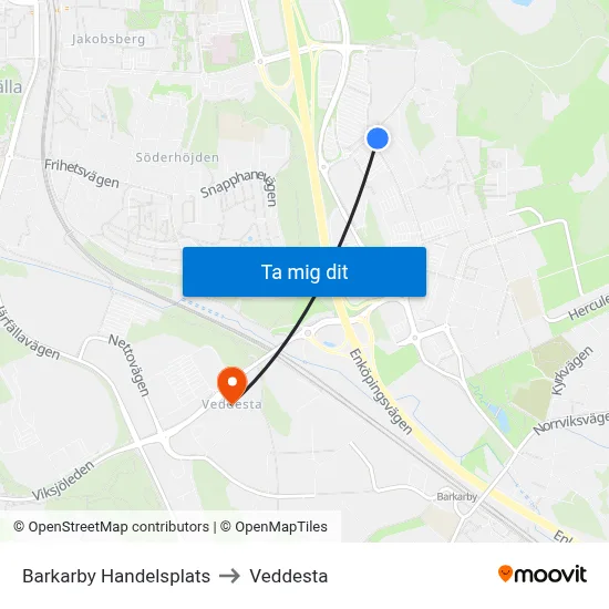 Barkarby Handelsplats to Veddesta map