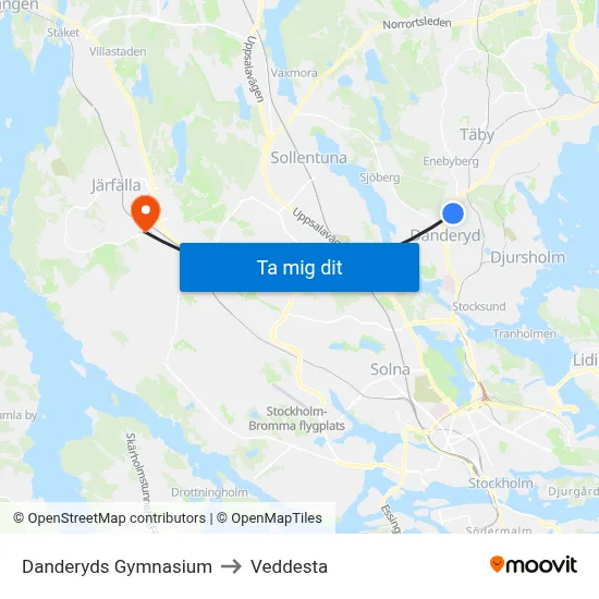 Danderyds Gymnasium to Veddesta map