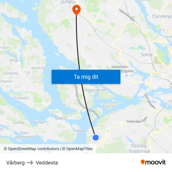 Vårberg to Veddesta map