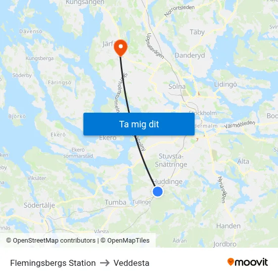 Flemingsbergs Station to Veddesta map
