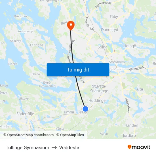Tullinge Gymnasium to Veddesta map