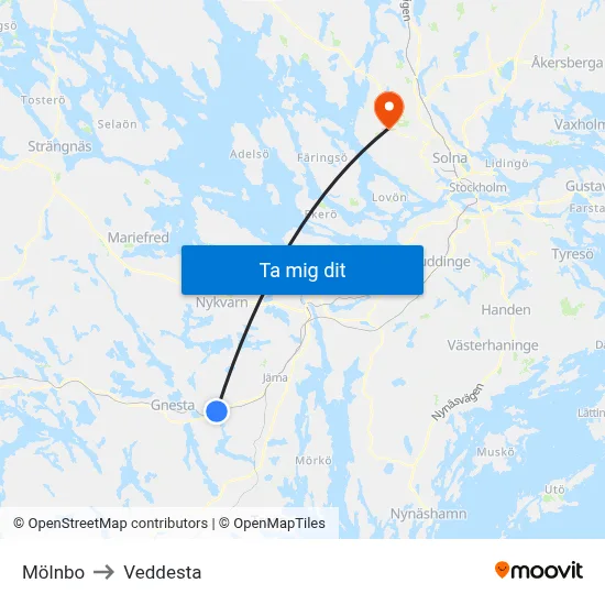 Mölnbo to Veddesta map