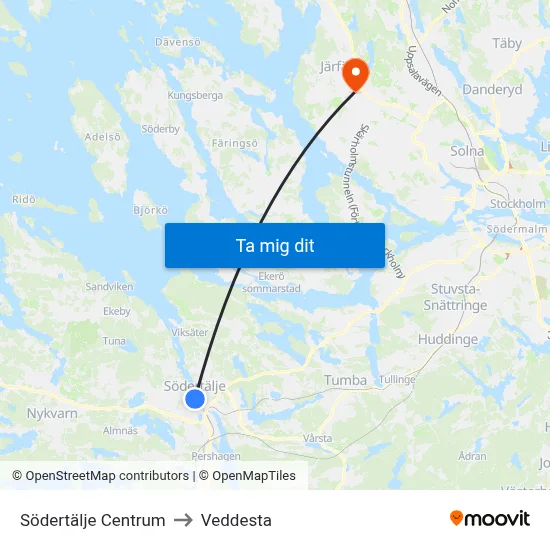 Södertälje Centrum to Veddesta map