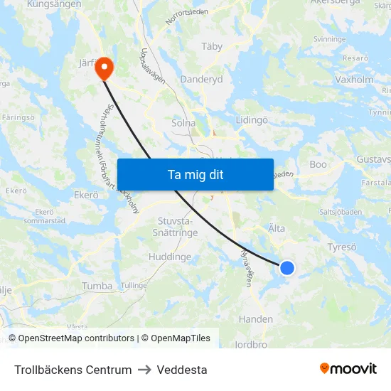 Trollbäckens Centrum to Veddesta map
