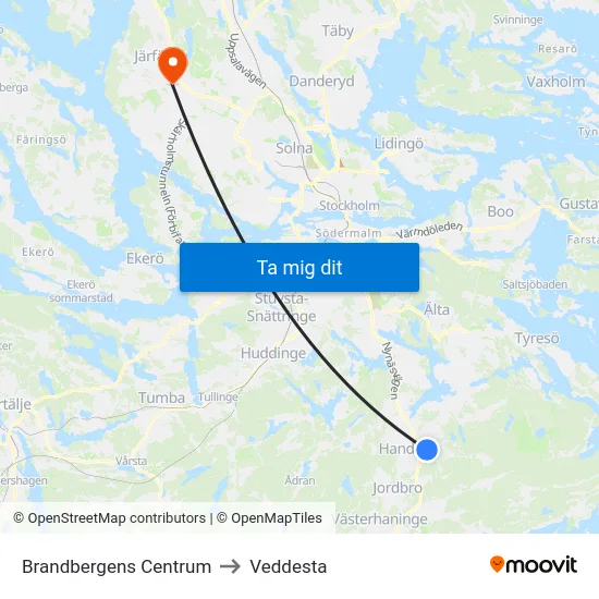Brandbergens Centrum to Veddesta map