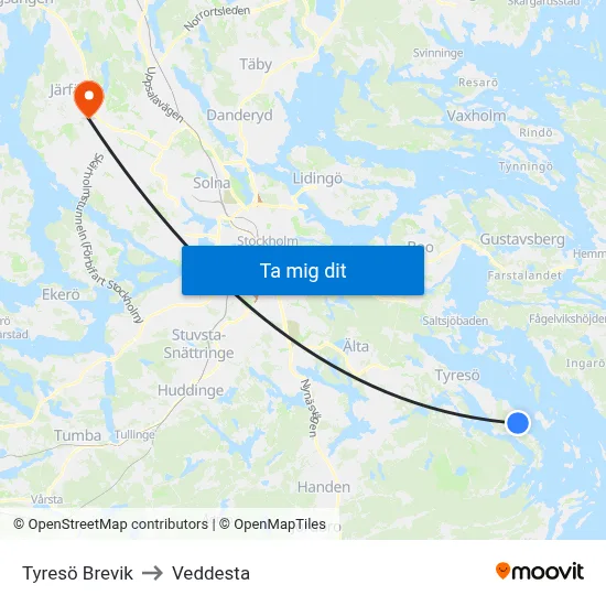 Tyresö Brevik to Veddesta map