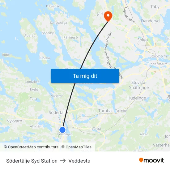 Södertälje Syd Station to Veddesta map