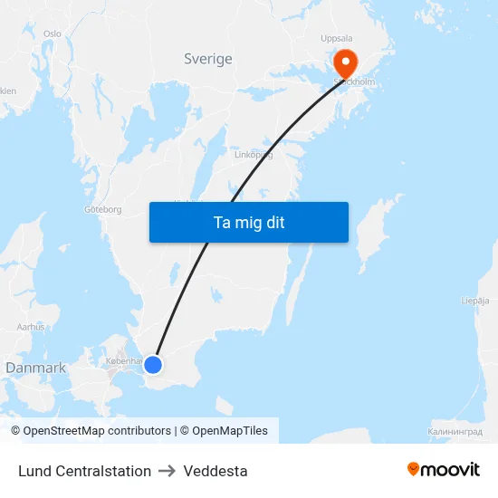 Lund Centralstation to Veddesta map