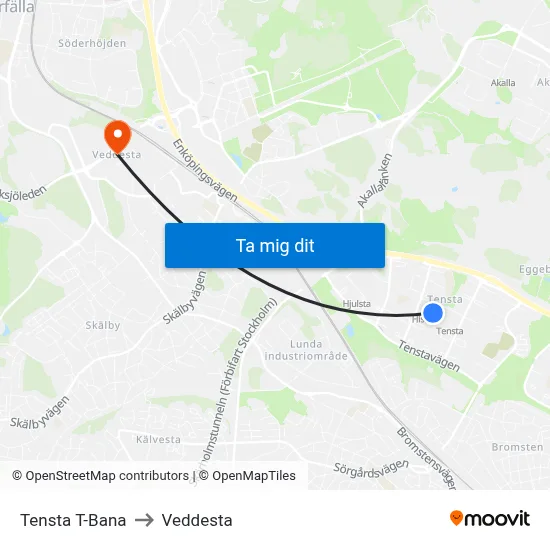 Tensta T-Bana to Veddesta map