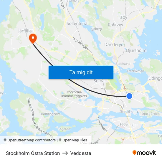 Stockholm Östra Station to Veddesta map