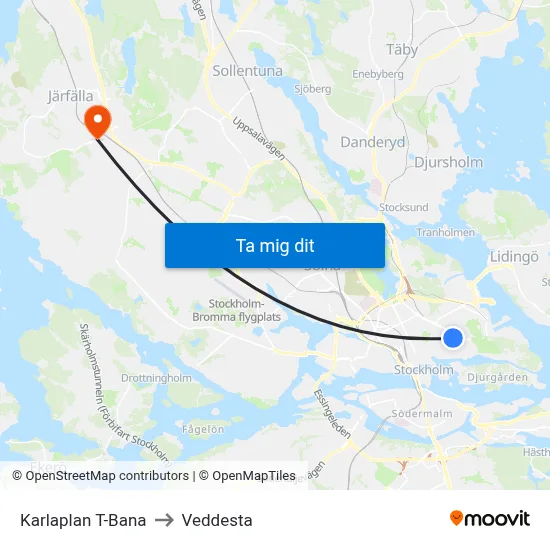 Karlaplan T-Bana to Veddesta map