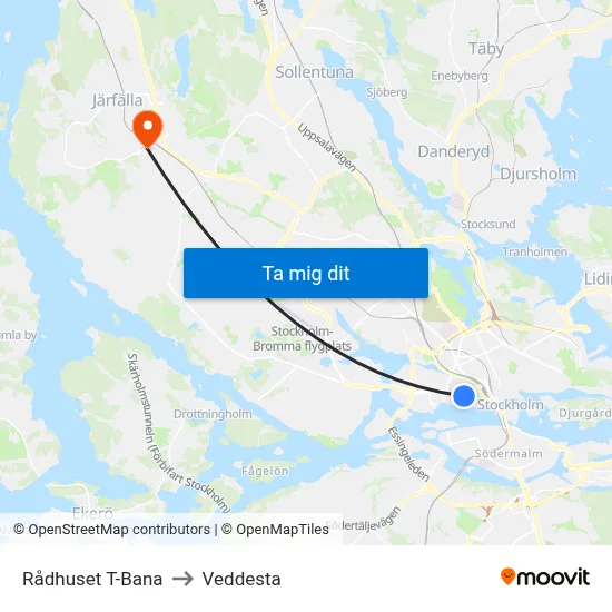 Rådhuset T-Bana to Veddesta map
