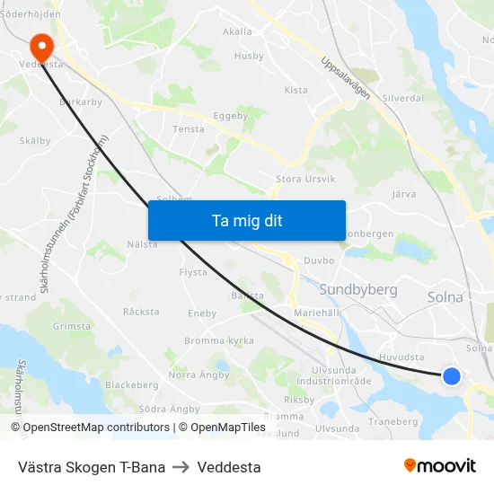 Västra Skogen T-Bana to Veddesta map