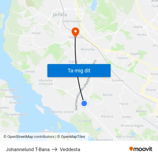 Johannelund T-Bana to Veddesta map