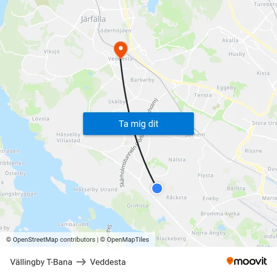 Vällingby T-Bana to Veddesta map