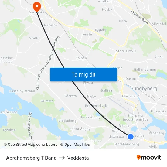 Abrahamsberg T-Bana to Veddesta map