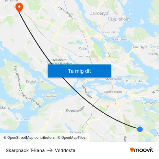 Skarpnäck T-Bana to Veddesta map
