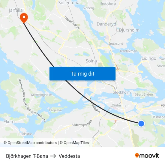 Björkhagen T-Bana to Veddesta map