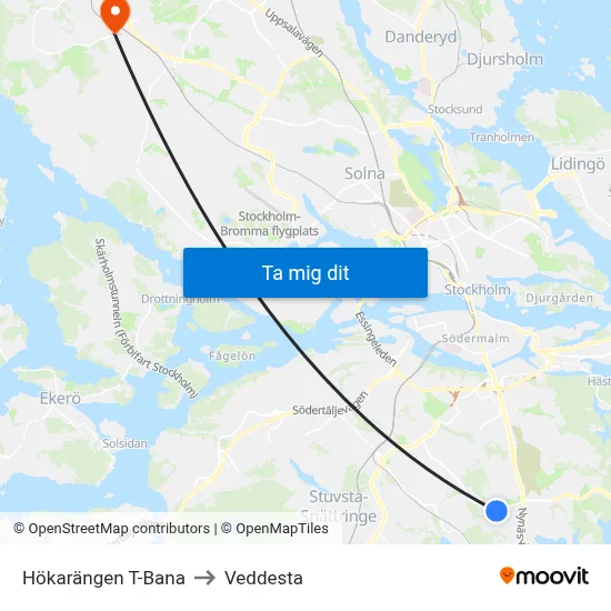 Hökarängen T-Bana to Veddesta map