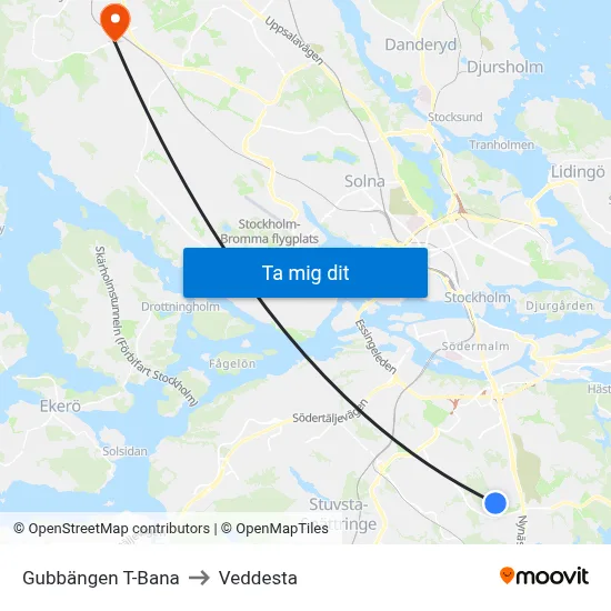 Gubbängen T-Bana to Veddesta map