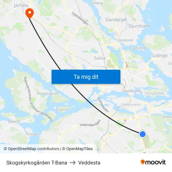 Skogskyrkogården T-Bana to Veddesta map