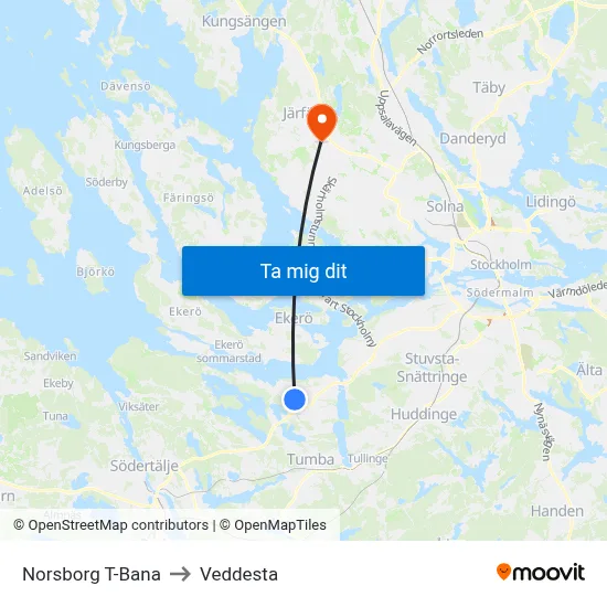 Norsborg T-Bana to Veddesta map