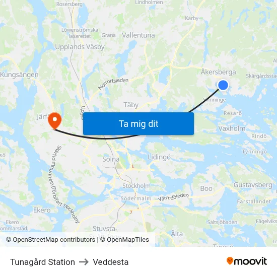 Tunagård Station to Veddesta map