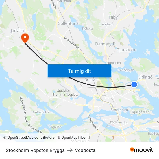 Stockholm Ropsten Brygga to Veddesta map