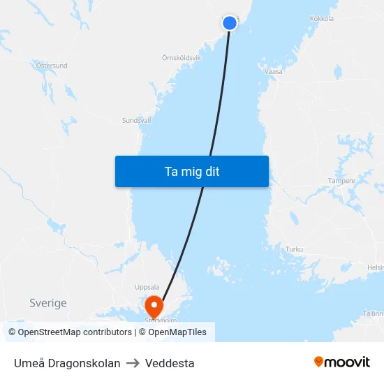 Umeå Dragonskolan to Veddesta map