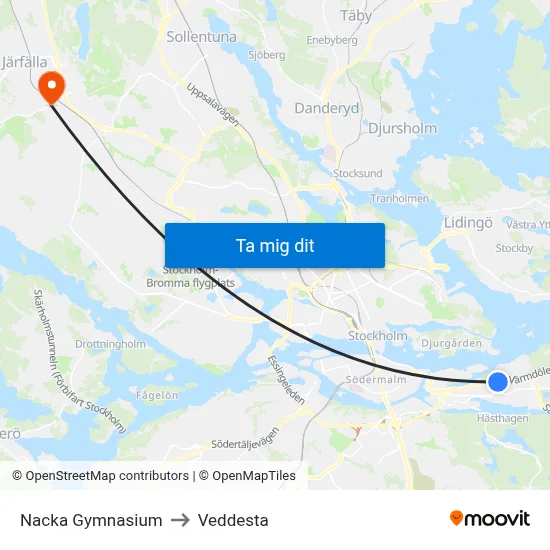 Nacka Gymnasium to Veddesta map