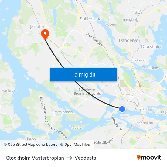 Stockholm Västerbroplan to Veddesta map