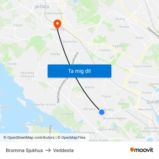 Bromma Sjukhus to Veddesta map