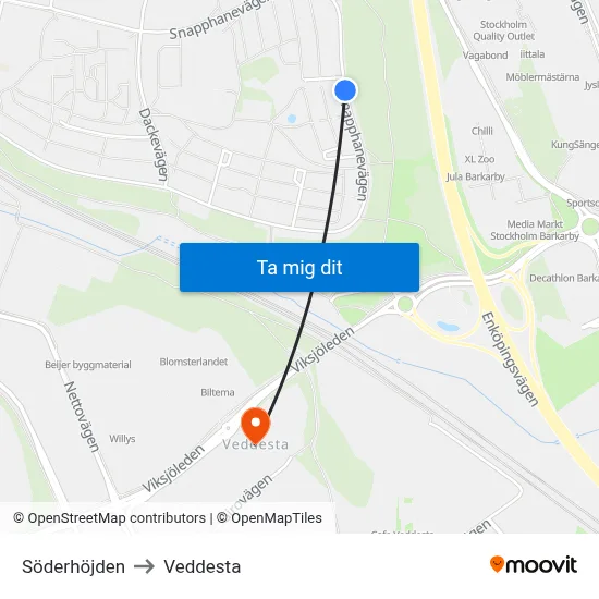 Söderhöjden to Veddesta map