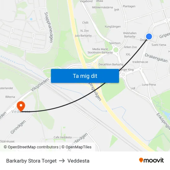 Barkarby Stora Torget to Veddesta map