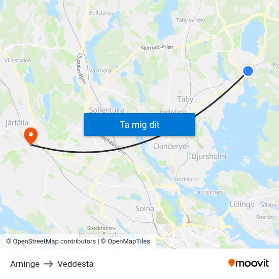Arninge to Veddesta map