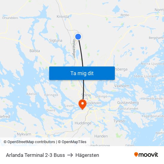 Arlanda Terminal 2-3 Buss to Hägersten map