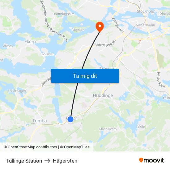 Tullinge Station to Hägersten map