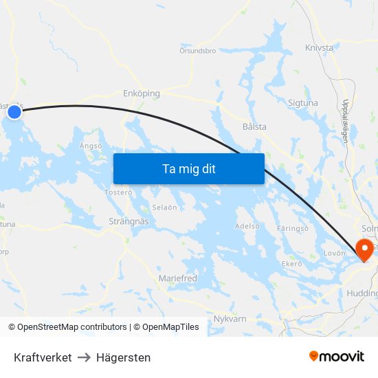 Kraftverket to Hägersten map