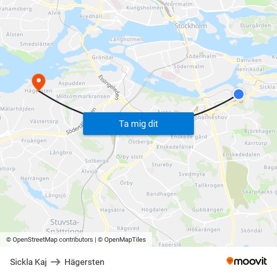 Sickla Kaj to Hägersten map